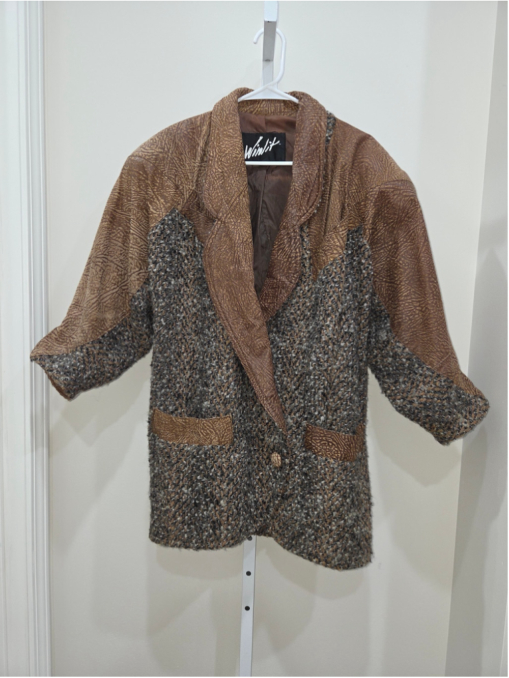 •Winlit• Women's Leather & Wool Blend Jacket, Size S, Brown and Grey